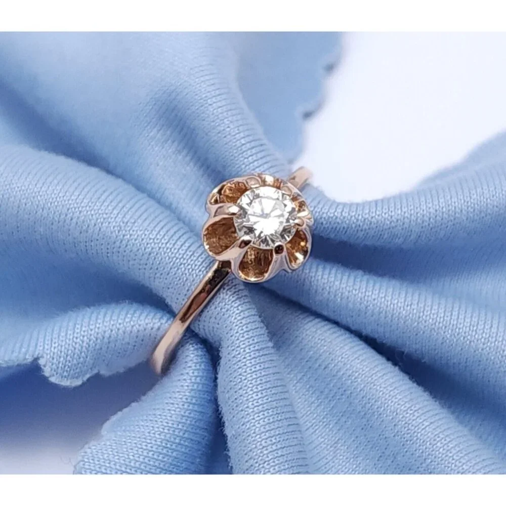 Unique 14K Karat Solid Rose Gold Designer USSR Solitaire Diamond Ring Size 4.75